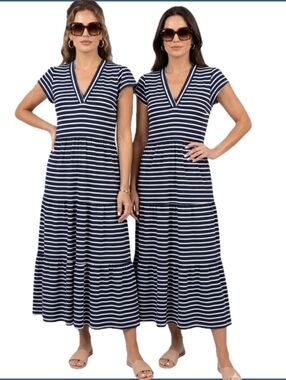 Jude Connally Navy & White Striped V-Neck Tiered Maxi Dress M